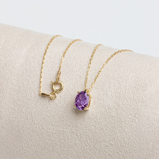Oval Cut Amethyst Necklace 8K/10K/14K Solid Gold, February Birthstone