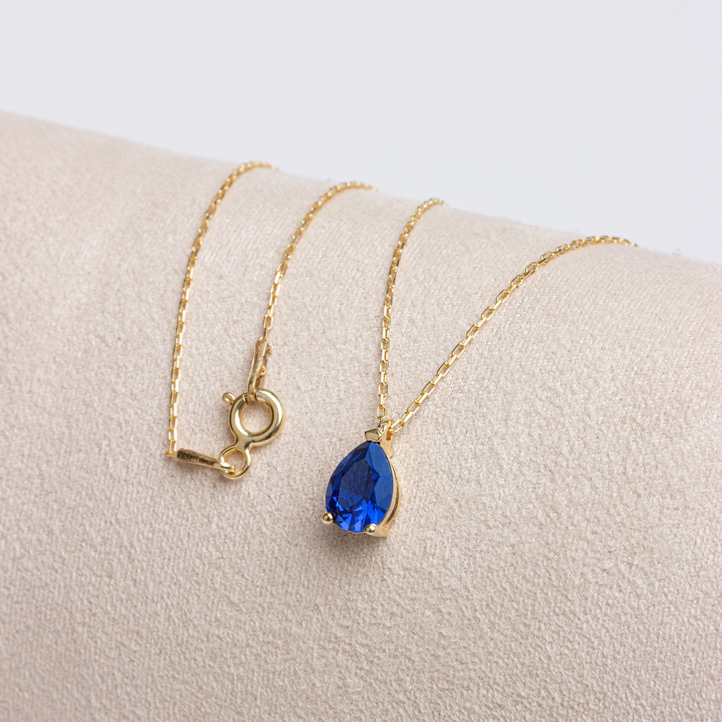 Sapphire Drop Necklace 8K/10K/14K Solid Gold, Teardrop September Birthstone