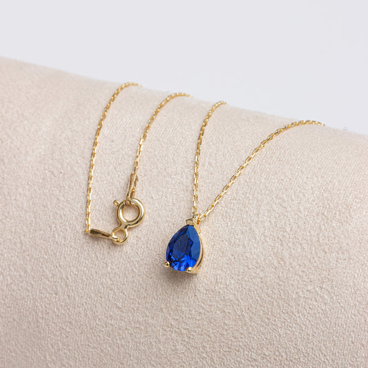 Sapphire Drop Necklace 8K/10K/14K Solid Gold, Teardrop September Birthstone