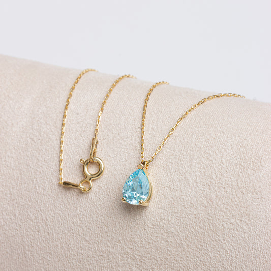 Aquamarine Drop Necklace 8K/10K/14K Solid Gold, Teardrop March Birthstone