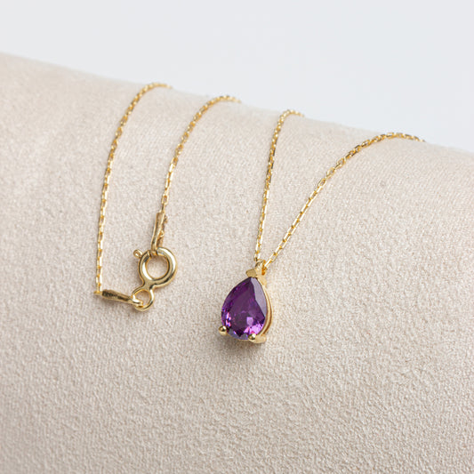Amethyst Drop Necklace 8K/10K/14K Solid Gold, Teardrop February Birthstone