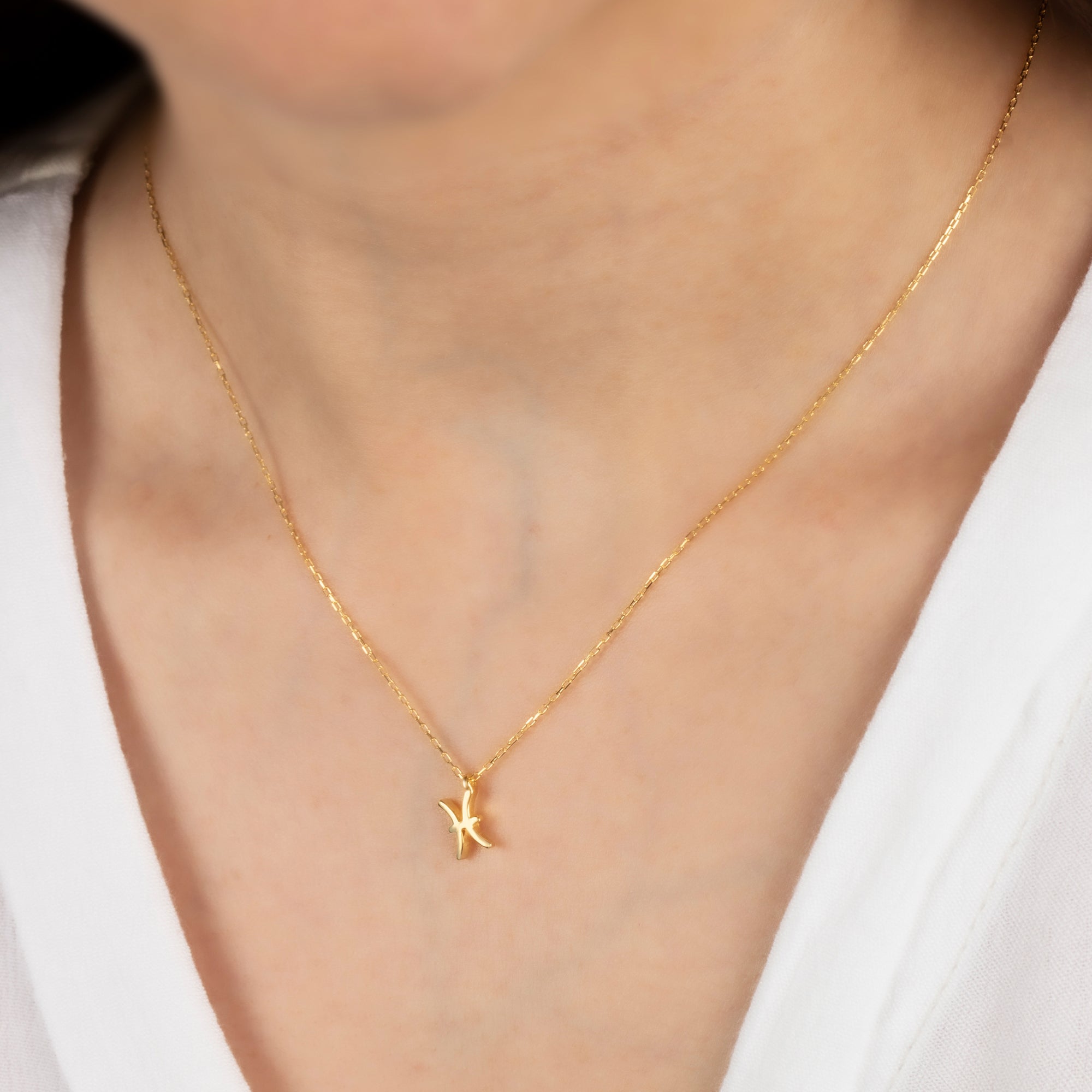 Pisces Zodiac Sign in 14K Solid Gold Necklace | Minimalist Horoscope Symbol Queen Jewelry Necklace