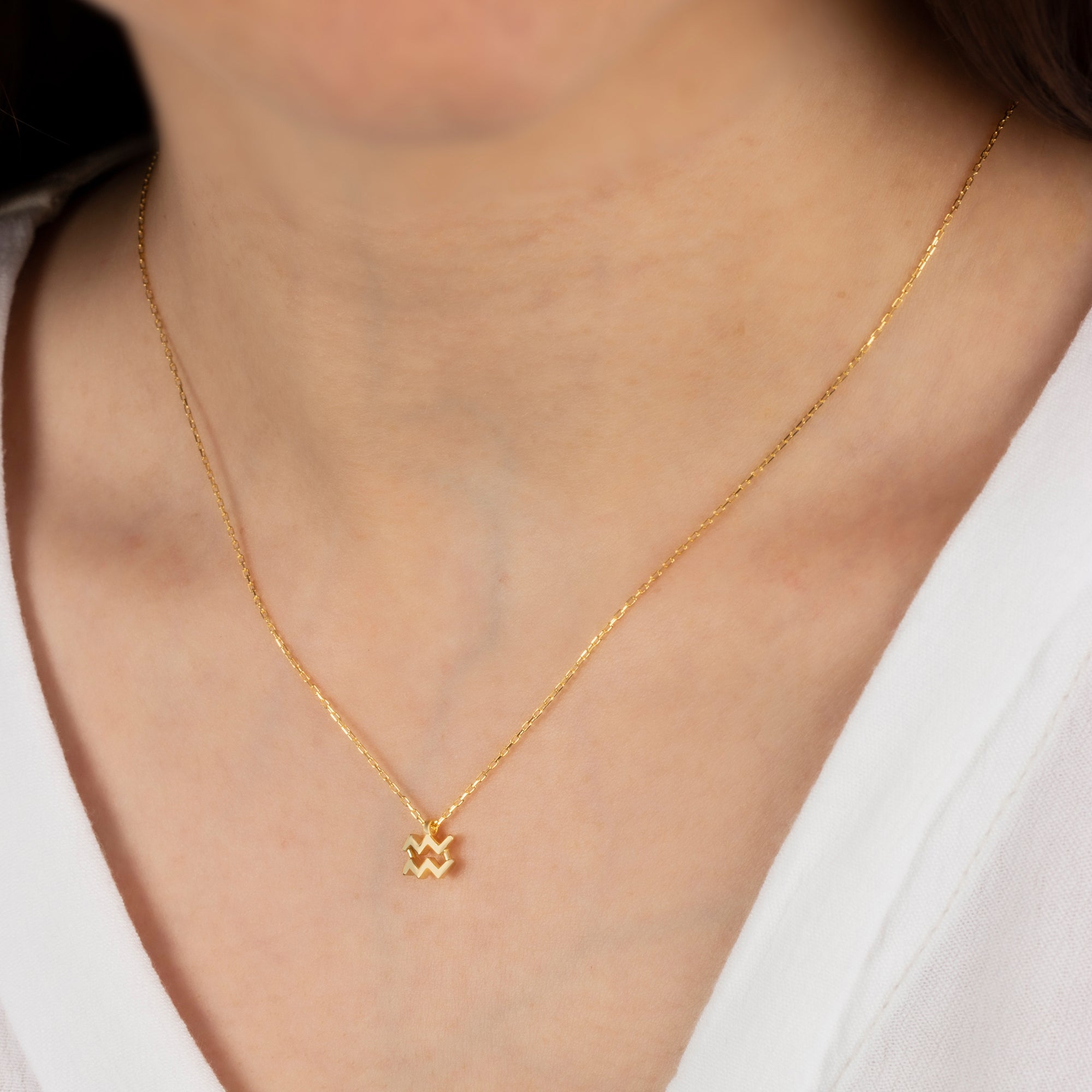 Aquarius Zodiac Sign in 14K Solid Gold Necklace | Minimalist Horoscope Symbol Queen Jewelry Necklace