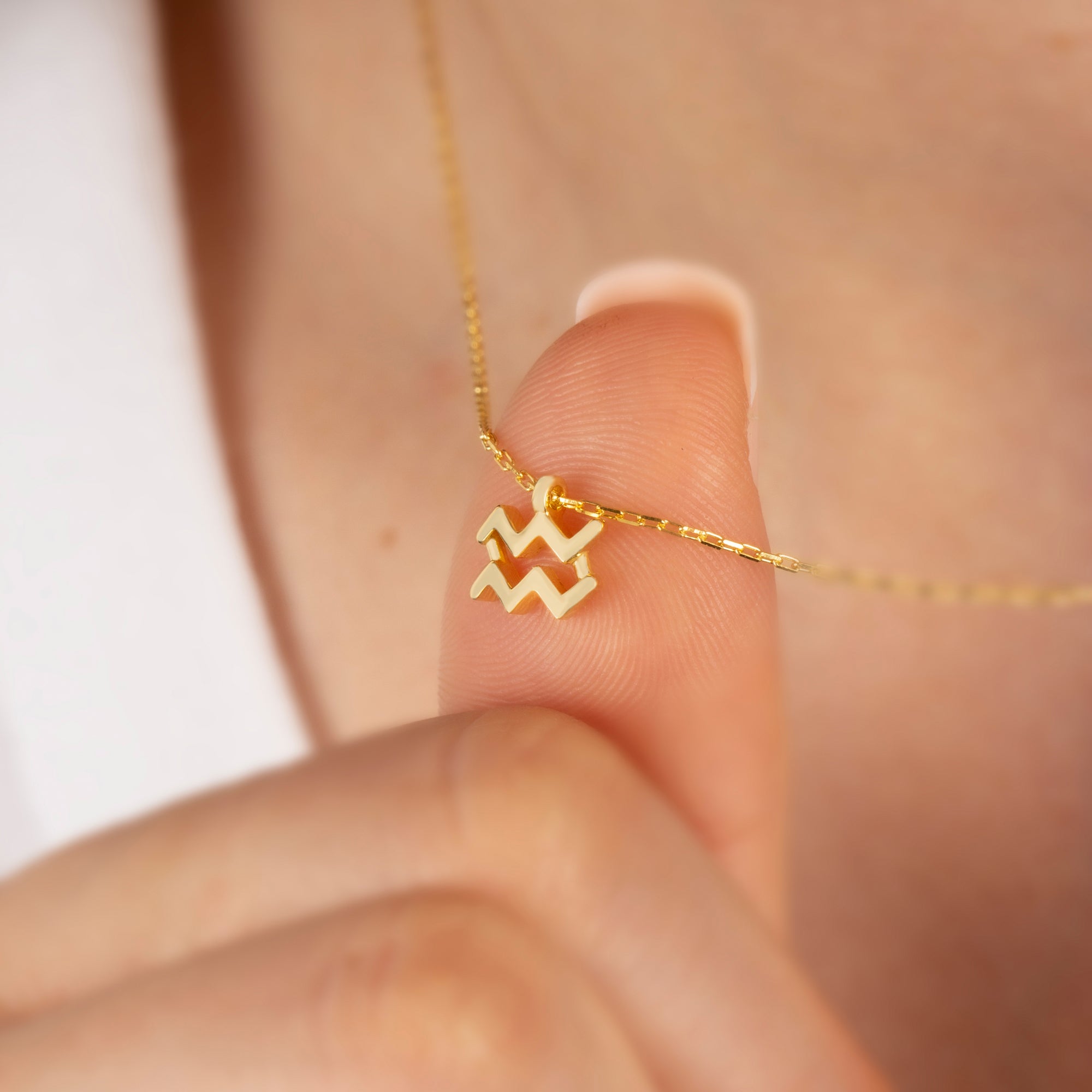Aquarius Zodiac Sign in 14K Solid Gold Necklace | Minimalist Horoscope Symbol Queen Jewelry Necklace