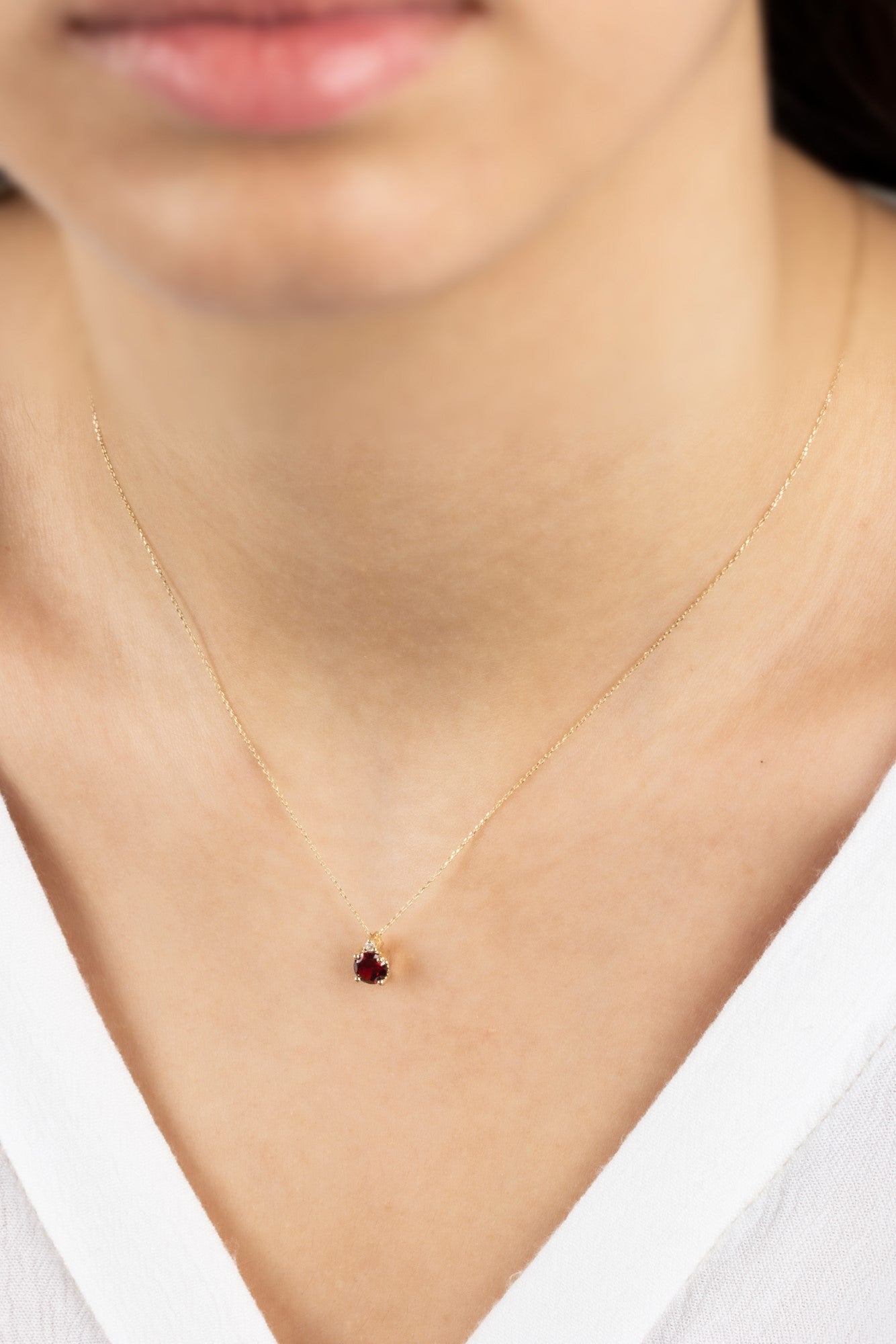 Round Garnet Necklace with Real Diamond in 14K Solid Gold, January Birthstone Queen Jewelry Necklace