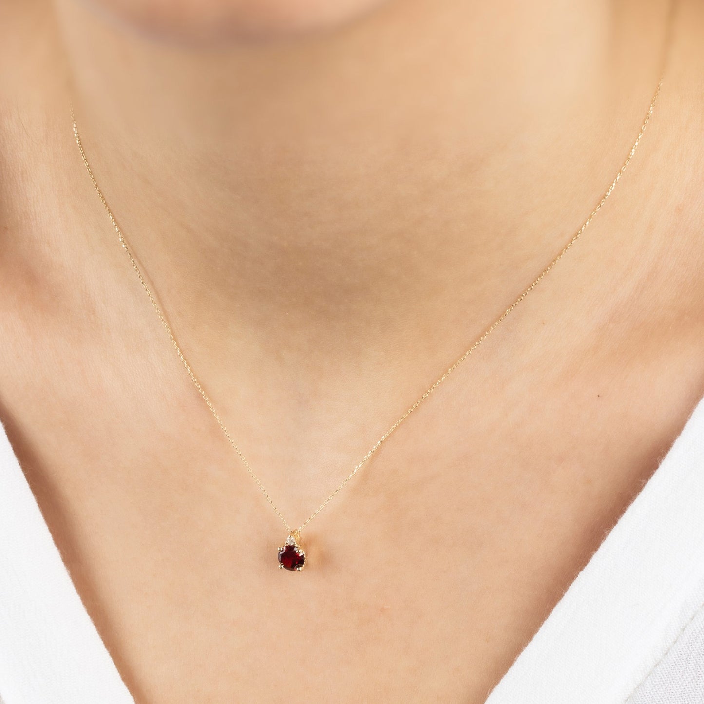 Round Garnet Necklace with Real Diamond in 14K Solid Gold, January Birthstone Queen Jewelry Necklace
