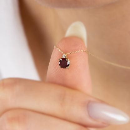 Round Garnet Necklace with Real Diamond in 14K Solid Gold, January Birthstone Queen Jewelry Necklace