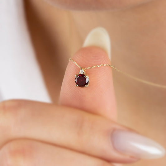 Round Garnet Necklace with Real Diamond in 14K Solid Gold, January Birthstone Queen Jewelry Necklace