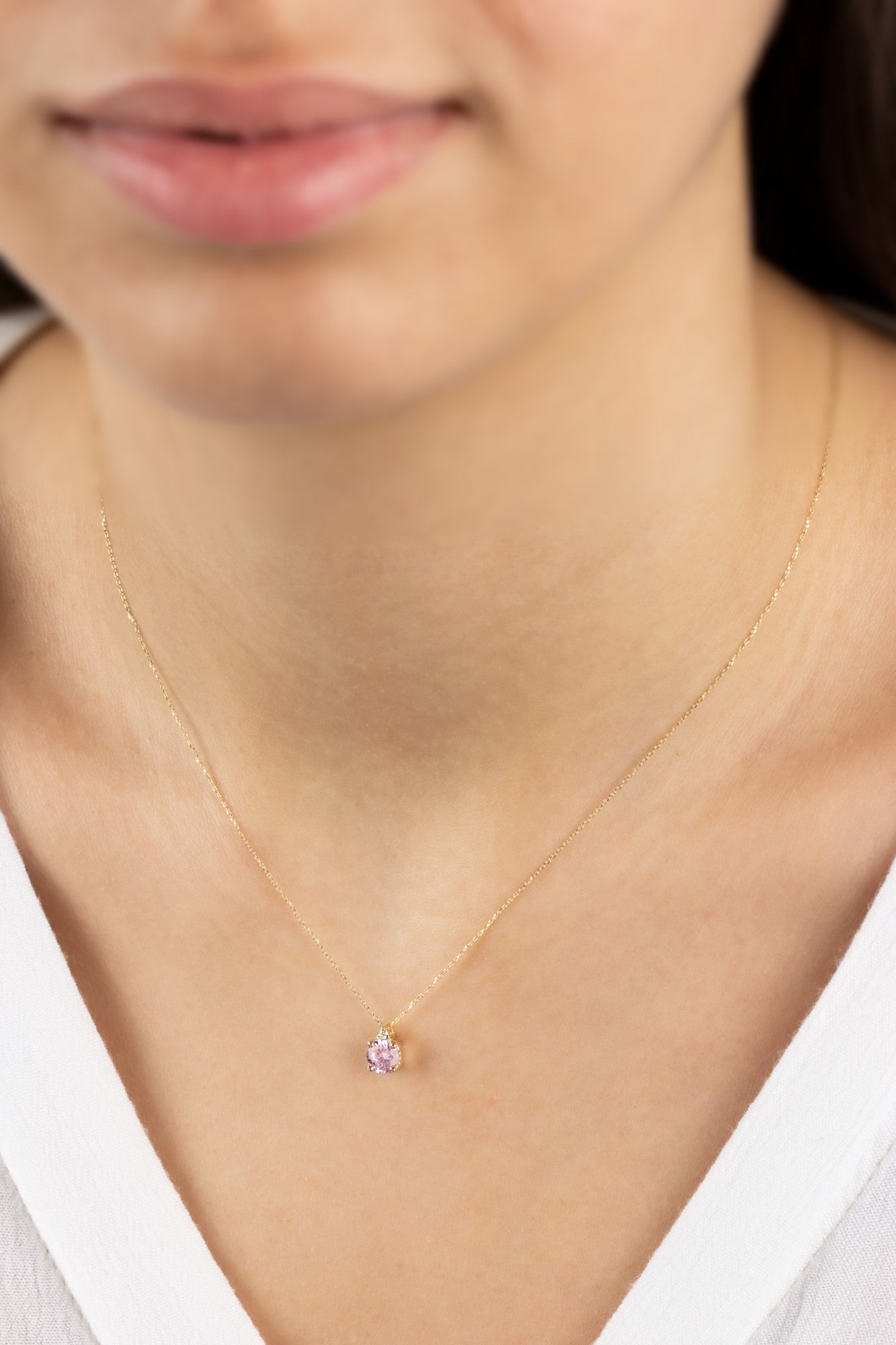 Round Pink Tourmaline Necklace with Real Diamond in 14K Solid Gold, October Birthstone Queen Jewelry Necklace