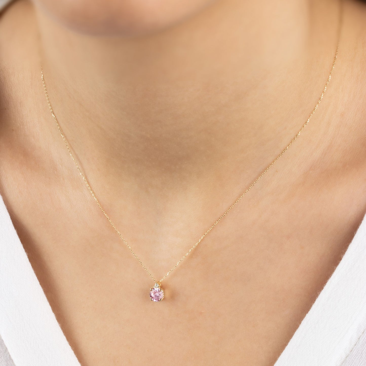 Round Pink Tourmaline Necklace with Real Diamond in 14K Solid Gold, October Birthstone Queen Jewelry Necklace