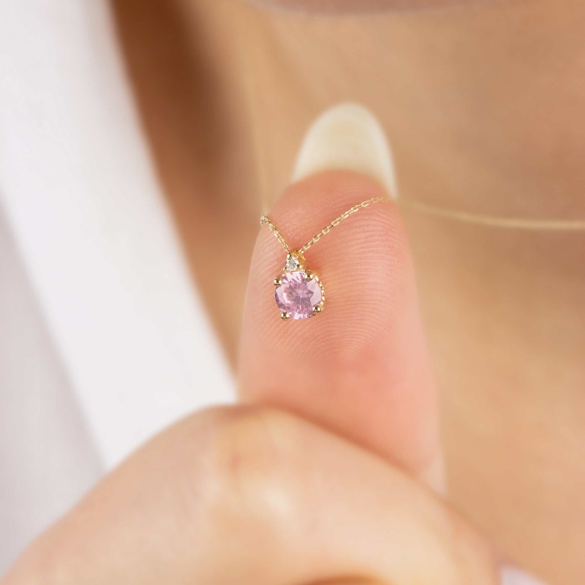 Round Pink Tourmaline Necklace with Real Diamond in 14K Solid Gold, October Birthstone Queen Jewelry Necklace