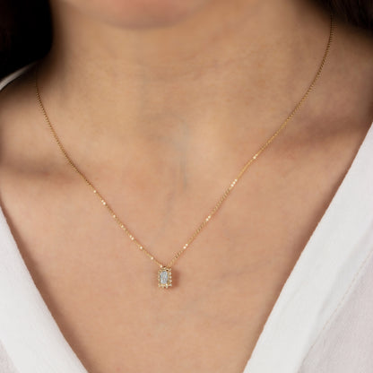 Rectangle Aquamarine Necklace with Real Diamond 14K Solid Gold, March Birthstone