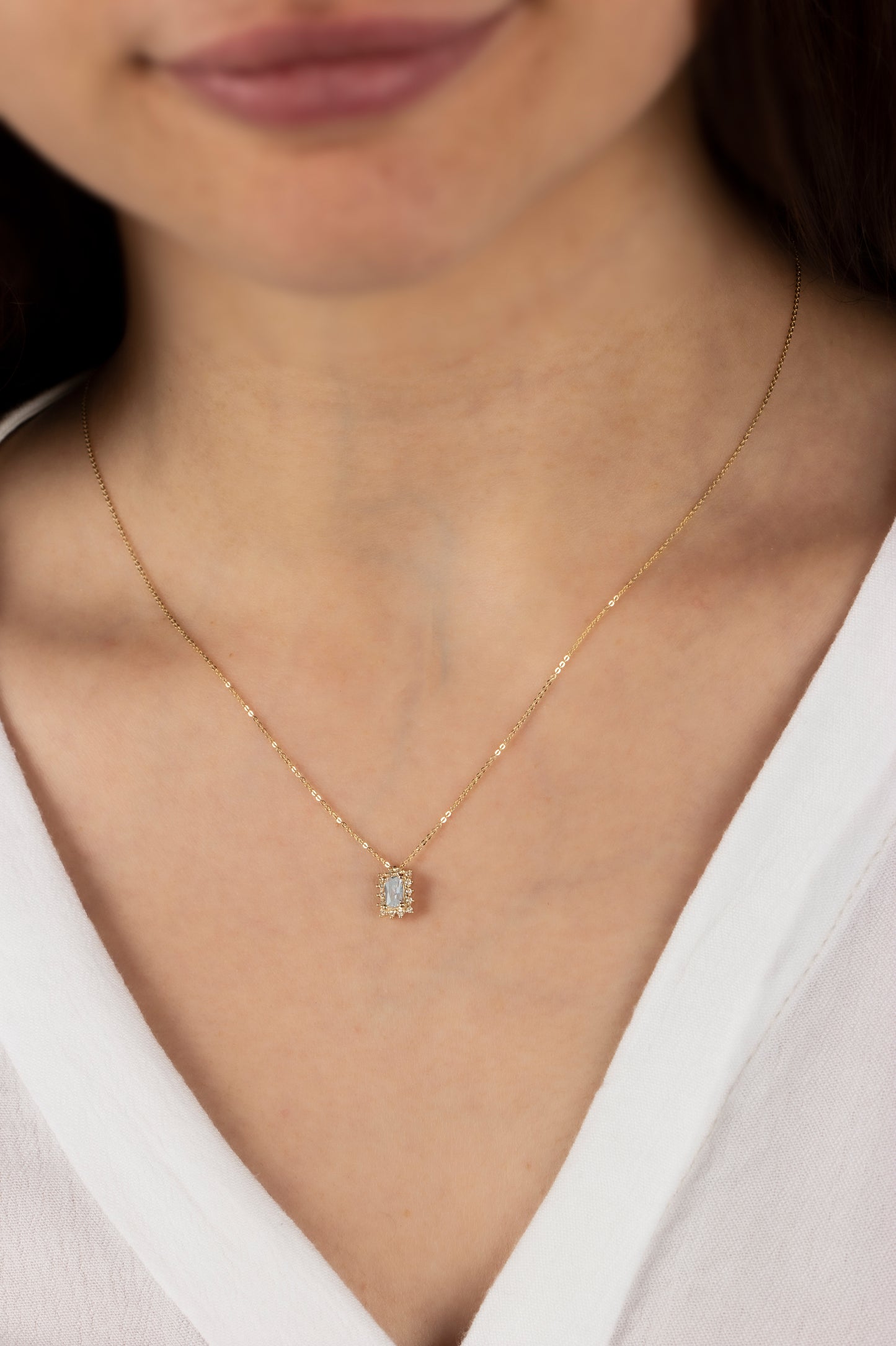 Rectangle Aquamarine Necklace with Real Diamond 14K Solid Gold, March Birthstone