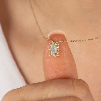 Rectangle Aquamarine Necklace with Real Diamond 14K Solid Gold, March Birthstone
