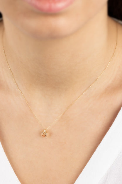 Round Citrine Necklace with Real Diamond in 14K Solid Gold, November Birthstone Queen Jewelry Necklace