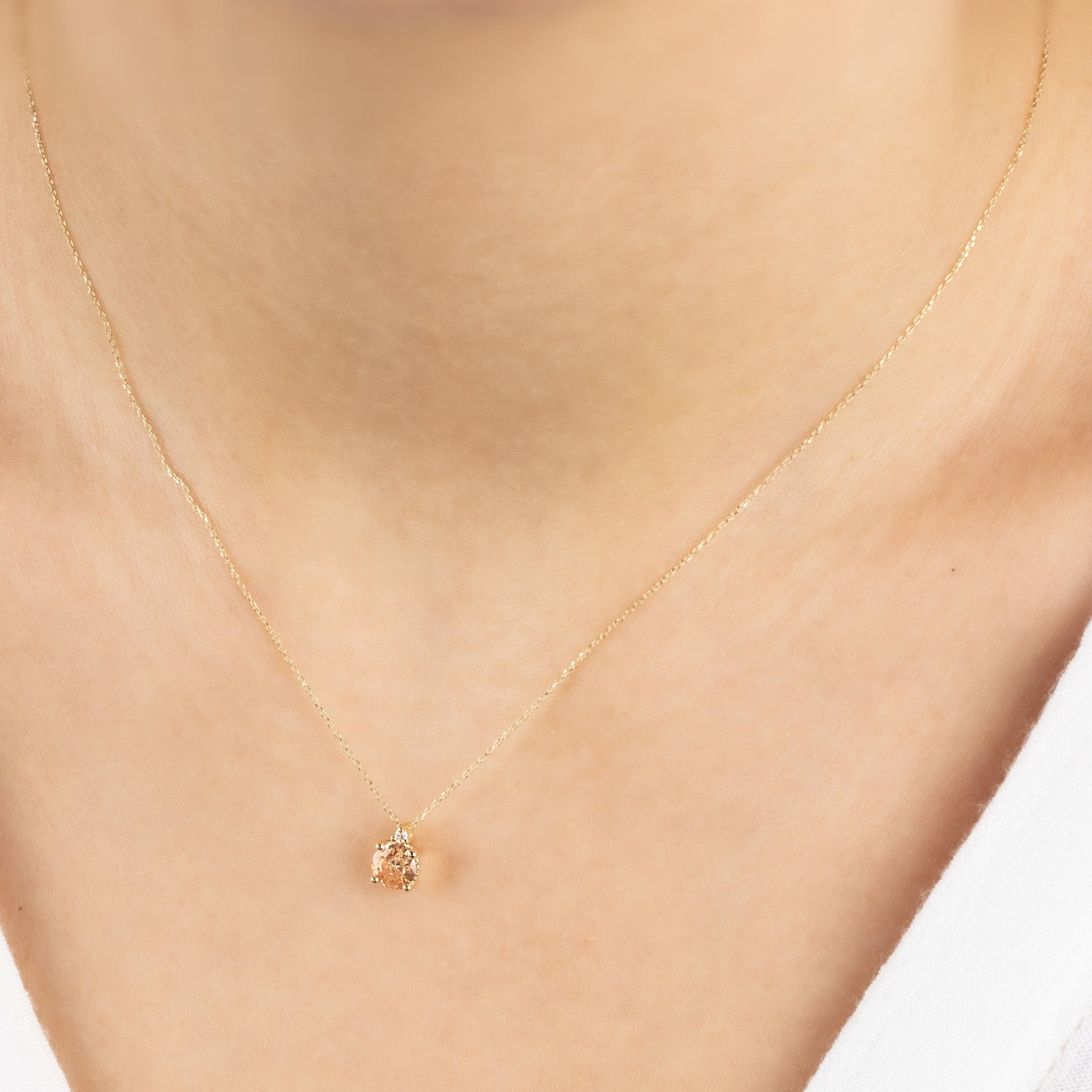 Round Citrine Necklace with Real Diamond in 14K Solid Gold, November Birthstone Queen Jewelry Necklace