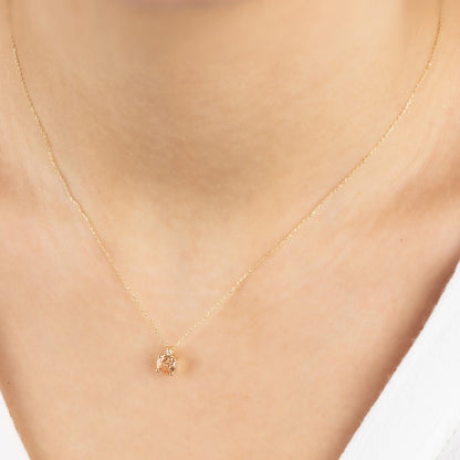 Round Citrine Necklace with Real Diamond in 14K Solid Gold, November Birthstone Queen Jewelry Necklace