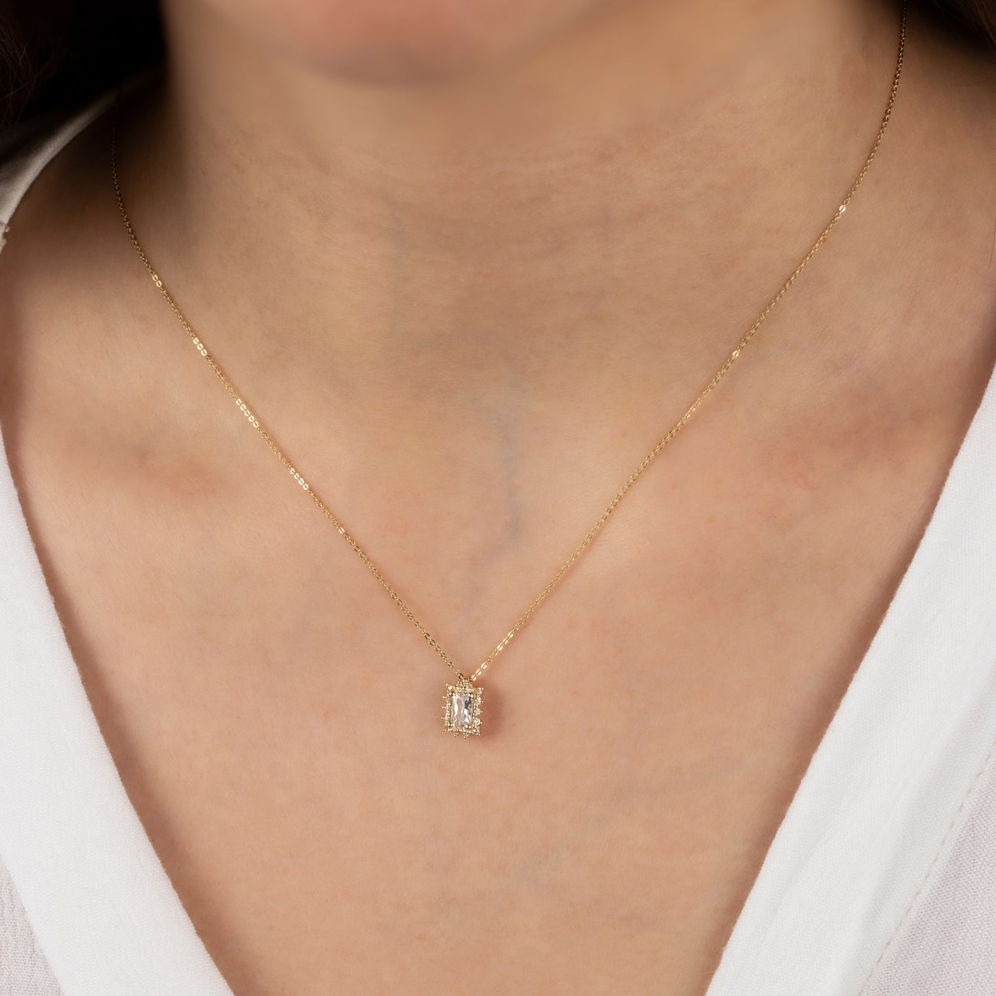 Rectangle White Topaz Necklace with Real Diamond 14K Solid Gold, April Birthstone