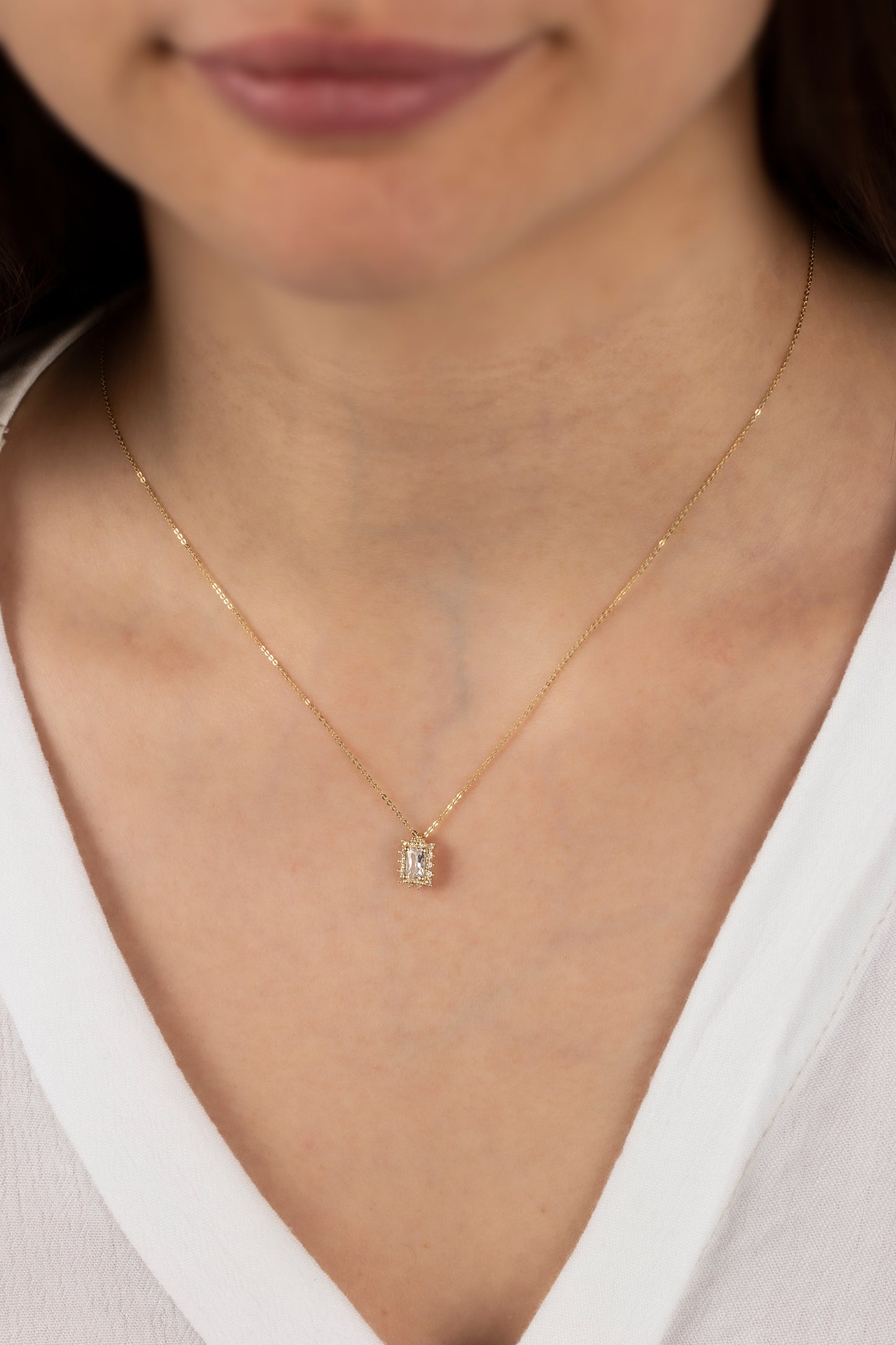 Rectangle White Topaz Necklace with Real Diamond 14K Solid Gold, April Birthstone