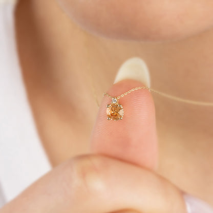 Round Citrine Necklace with Real Diamond in 14K Solid Gold, November Birthstone Queen Jewelry Necklace