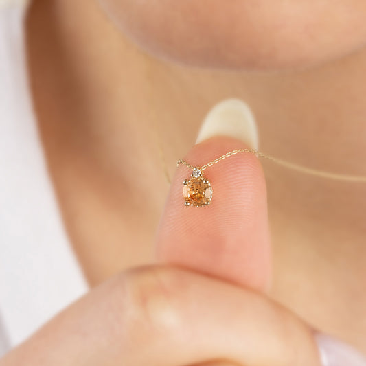 Round Citrine Necklace with Real Diamond in 14K Solid Gold, November Birthstone Queen Jewelry Necklace