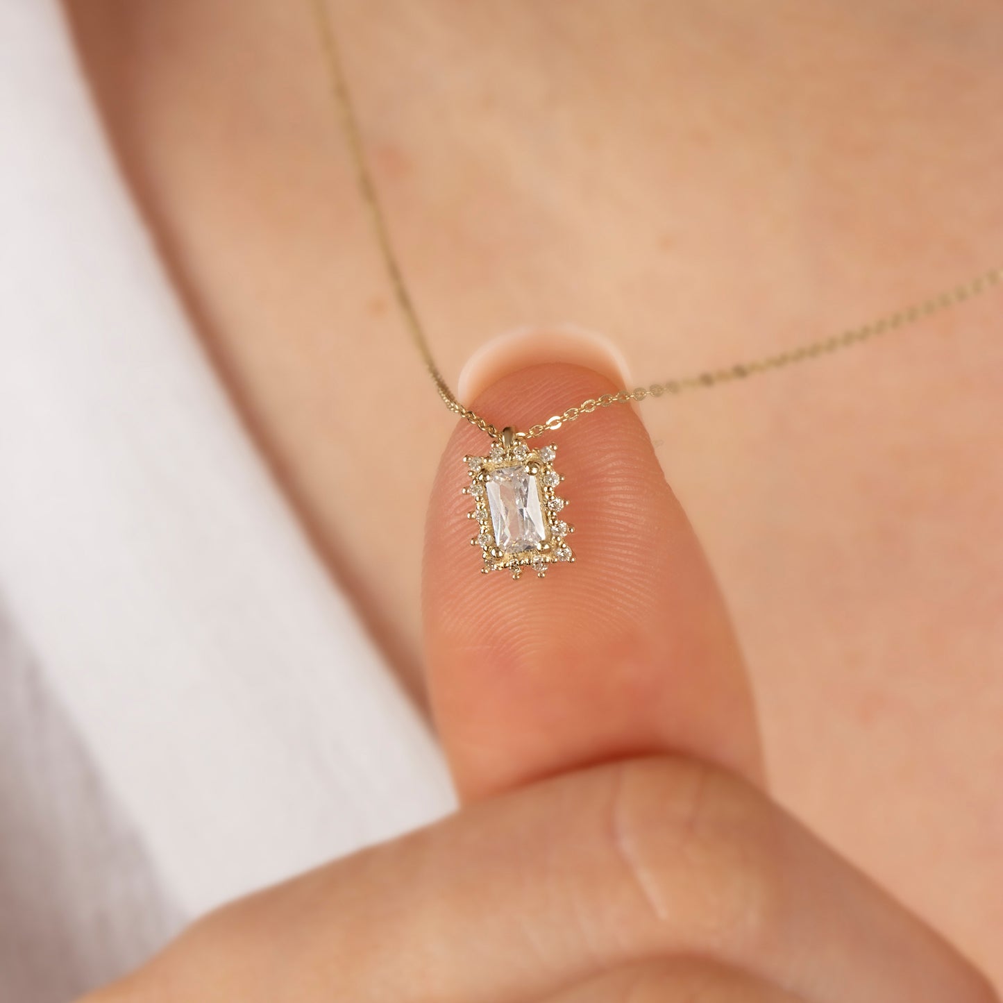Rectangle White Topaz Necklace with Real Diamond 14K Solid Gold, April Birthstone