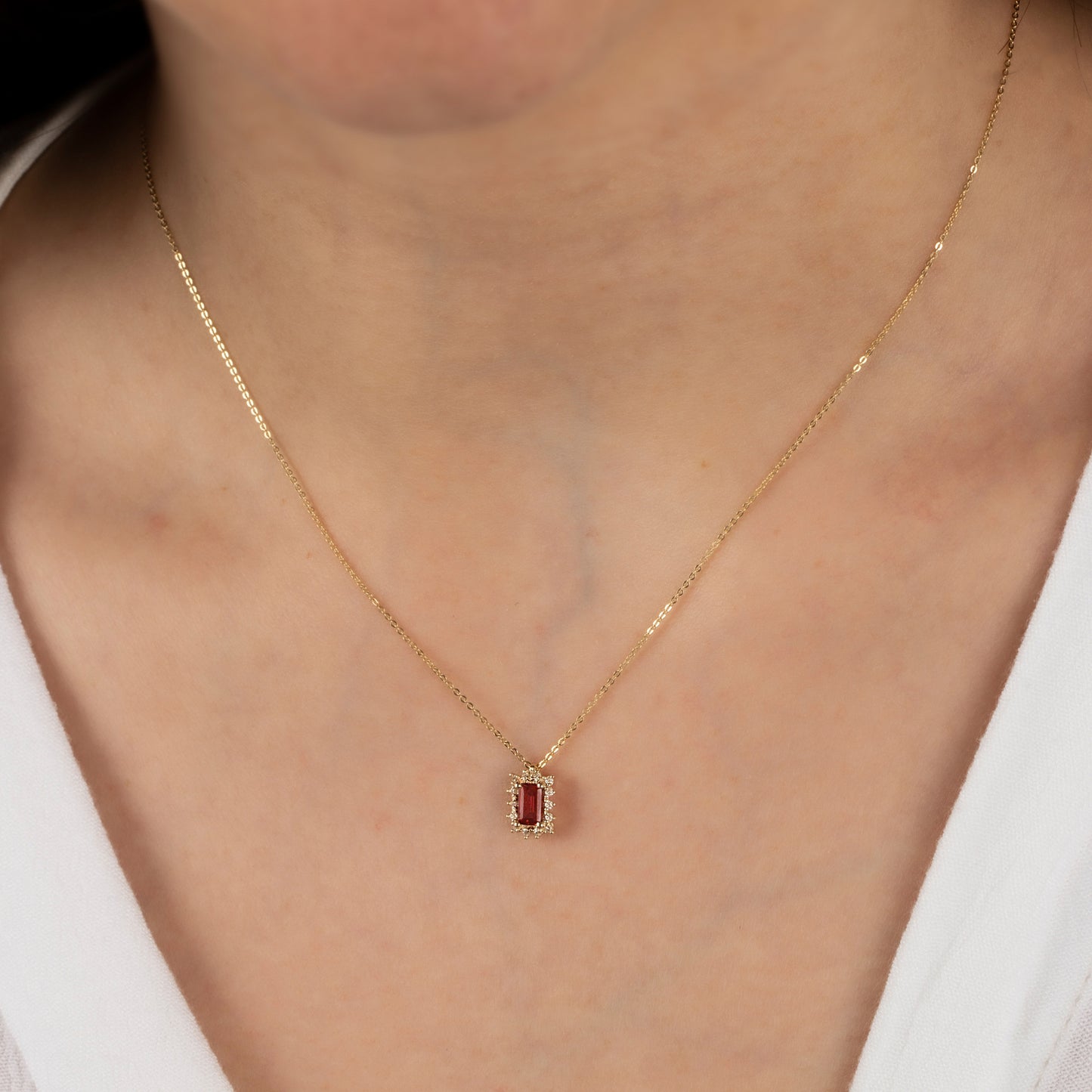 Rectangle Garnet Necklace with Real Diamond 14K Solid Gold, January Birthstone