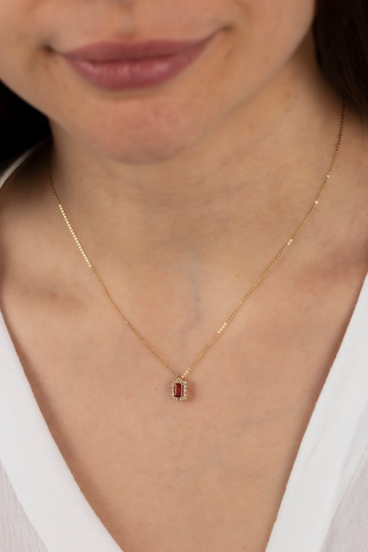 Rectangle Garnet Necklace with Real Diamond 14K Solid Gold, January Birthstone