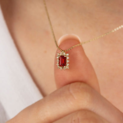 Rectangle Garnet Necklace with Real Diamond 14K Solid Gold, January Birthstone