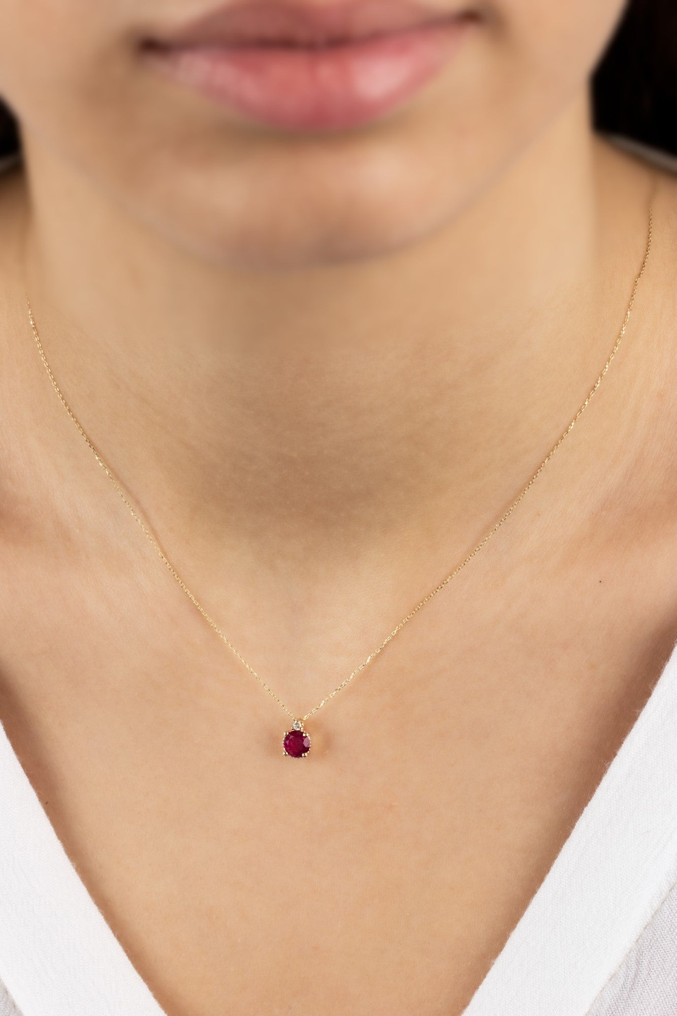 Round Ruby Necklace with Real Diamond in 14K Solid Gold, July Birthstone Queen Jewelry Necklace