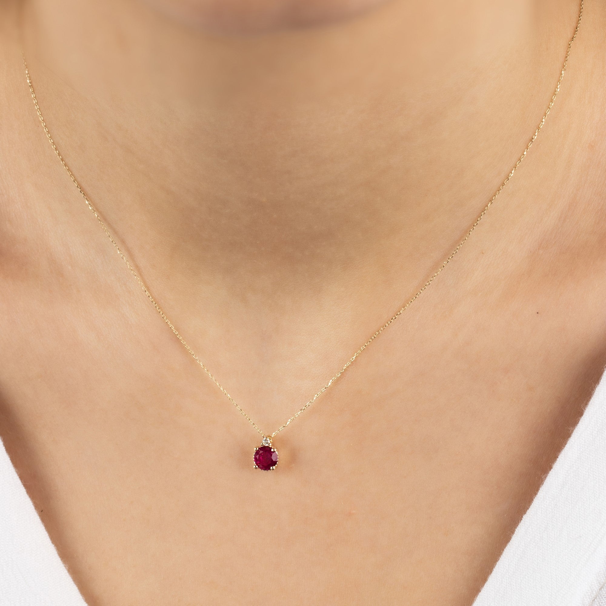 Round Ruby Necklace with Real Diamond in 14K Solid Gold, July Birthstone Queen Jewelry Necklace