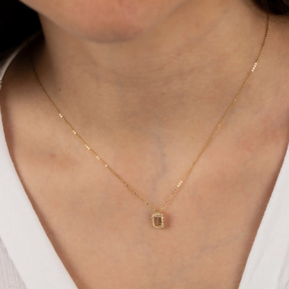 Rectangle Citrine Necklace with Real Diamond 14K Solid Gold, November Birthstone