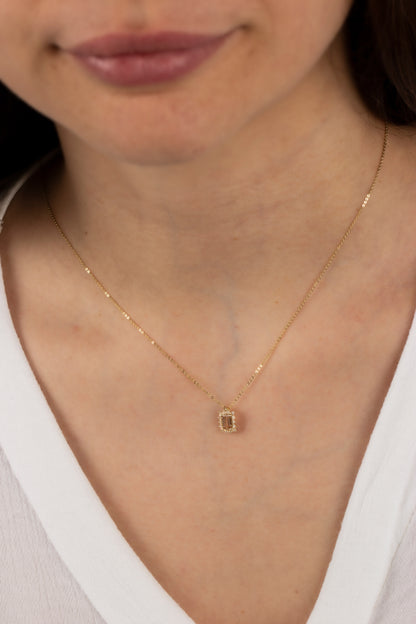 Rectangle Citrine Necklace with Real Diamond 14K Solid Gold, November Birthstone