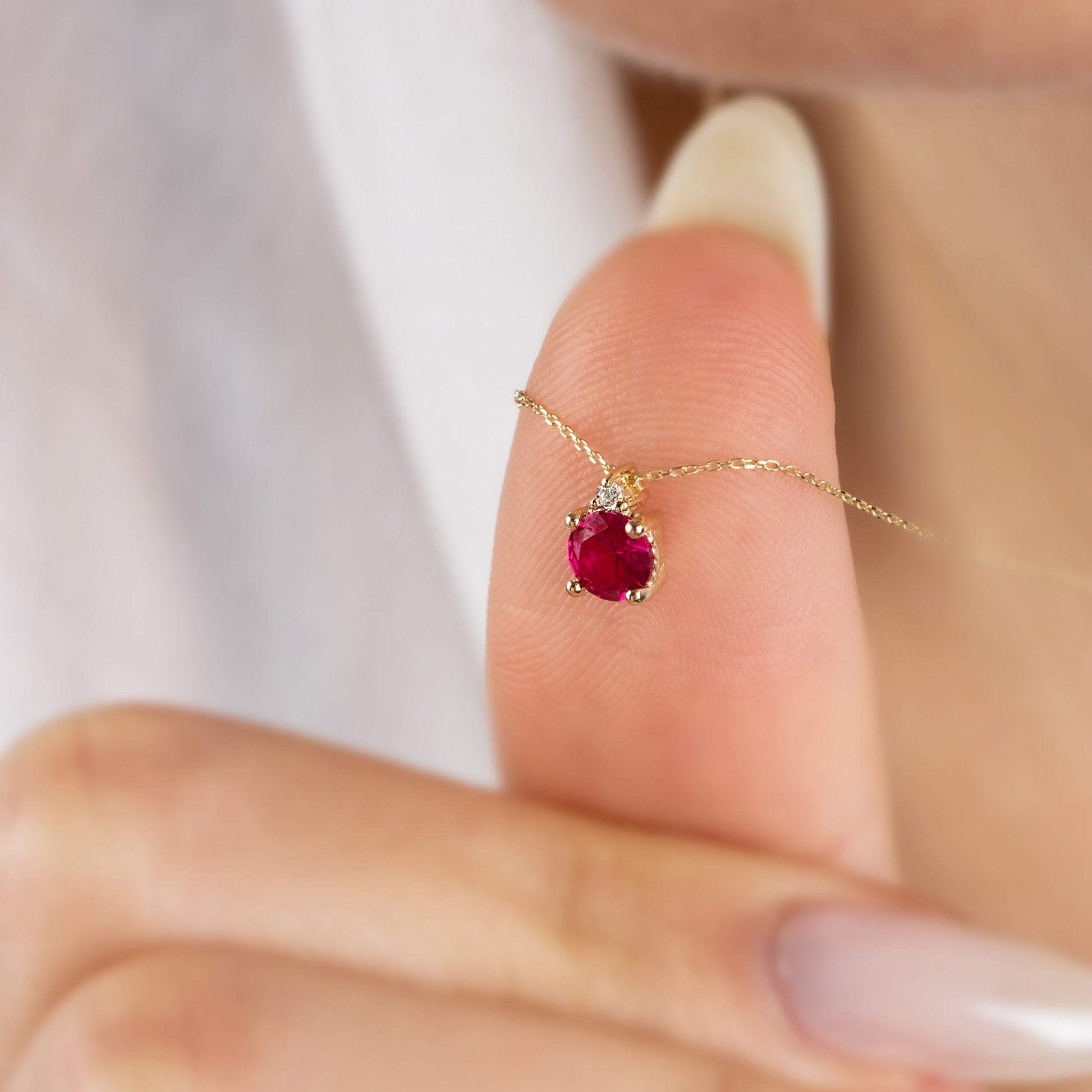 Round Ruby Necklace with Real Diamond in 14K Solid Gold, July Birthstone Queen Jewelry Necklace