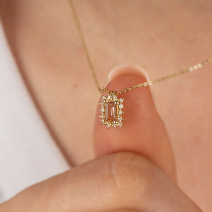 Rectangle Citrine Necklace with Real Diamond 14K Solid Gold, November Birthstone