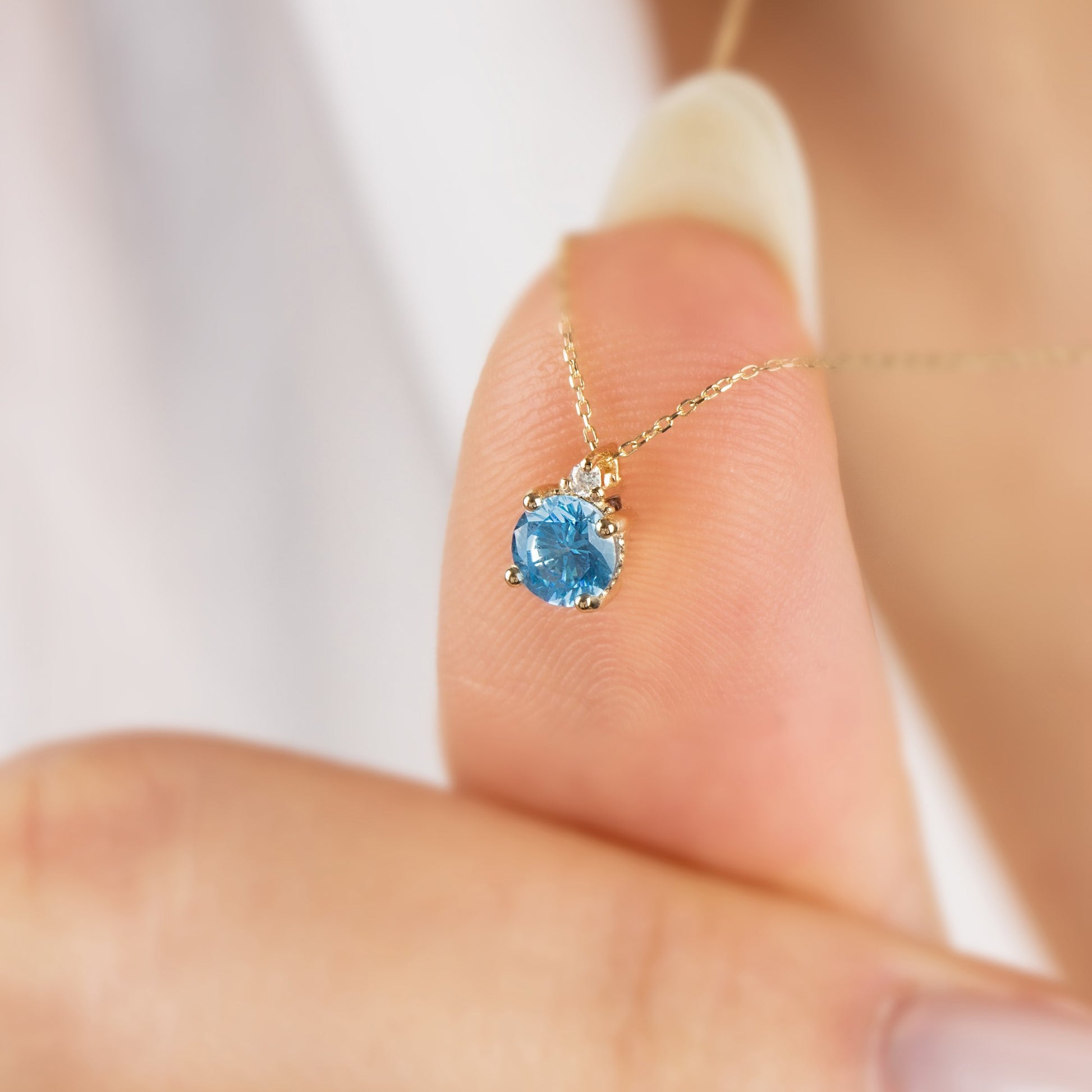 Round Aquamarine Necklace with Real Diamond in 14K Solid Gold, March Birthstone Queen Jewelry Necklace