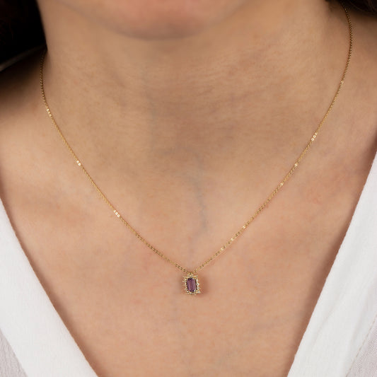 Rectangle Alexandrite Necklace with Real Diamond 14K Solid Gold, June Birthstone