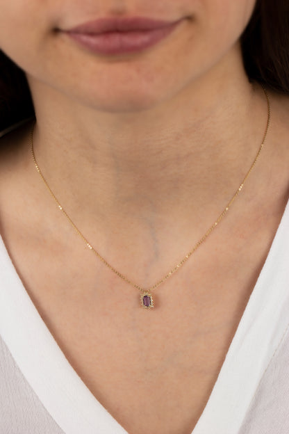 Rectangle Alexandrite Necklace with Real Diamond 14K Solid Gold, June Birthstone