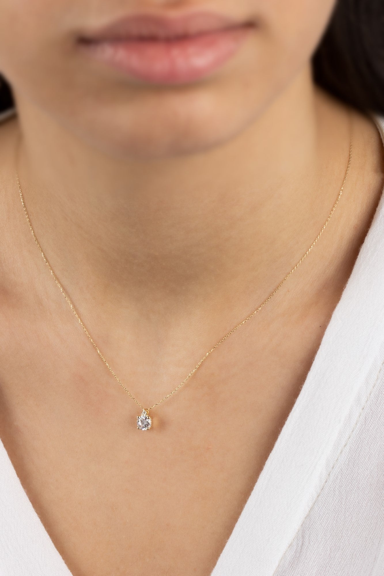 Round White Topaz Necklace with Real Diamond in 14K Solid Gold, April Birthstone Queen Jewelry Necklace