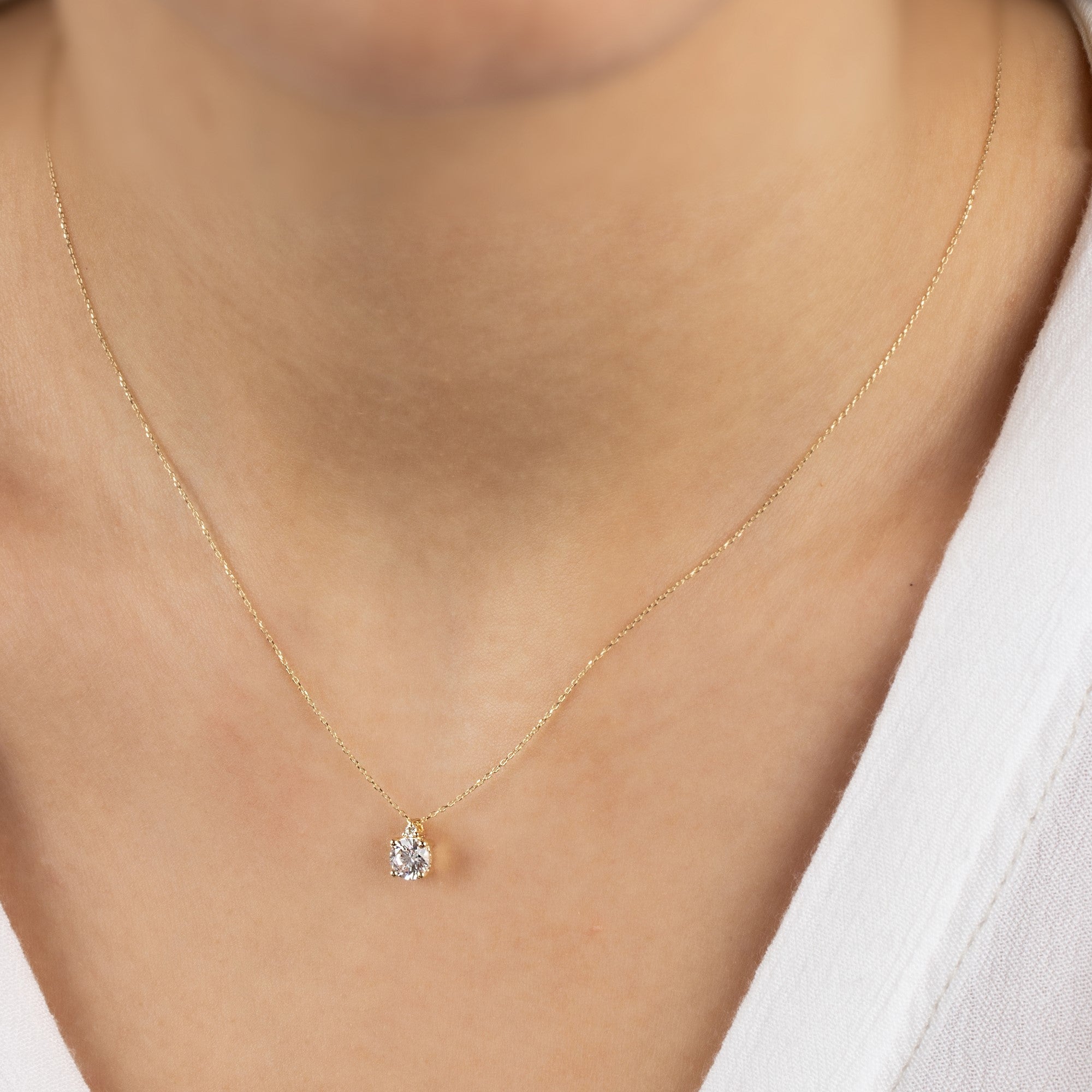 Round White Topaz Necklace with Real Diamond in 14K Solid Gold, April Birthstone Queen Jewelry Necklace