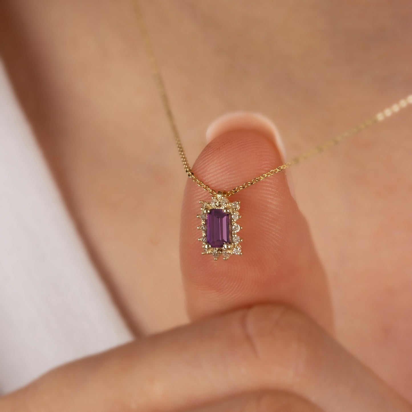 Rectangle Alexandrite Necklace with Real Diamond 14K Solid Gold, June Birthstone