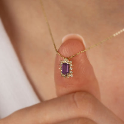 Rectangle Alexandrite Necklace with Real Diamond 14K Solid Gold, June Birthstone