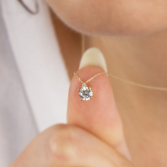 Round White Topaz Necklace with Real Diamond in 14K Solid Gold, April Birthstone Queen Jewelry Necklace