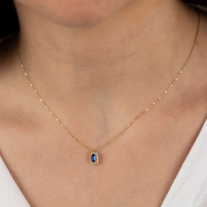 Rectangle Sapphire Necklace with Real Diamond 14K Solid Gold, September Birthstone