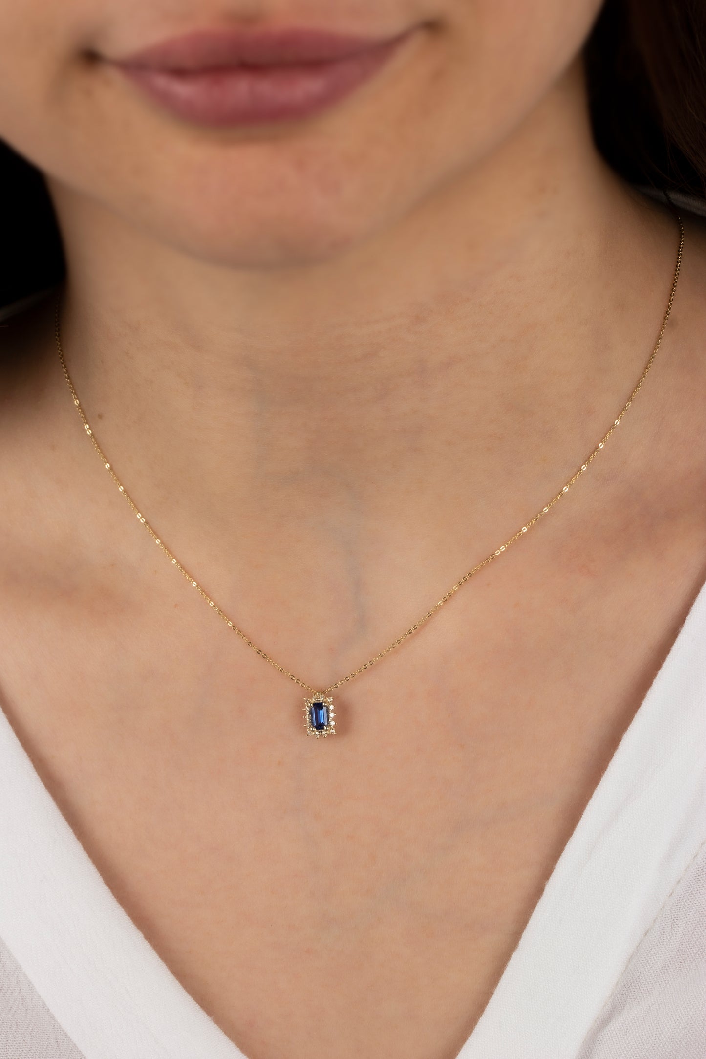 Rectangle Sapphire Necklace with Real Diamond 14K Solid Gold, September Birthstone
