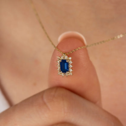 Rectangle Sapphire Necklace with Real Diamond 14K Solid Gold, September Birthstone