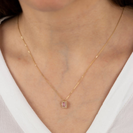 Rectangle Pink Tourmaline Necklace with Real Diamond 14K Solid Gold, October Birthstone