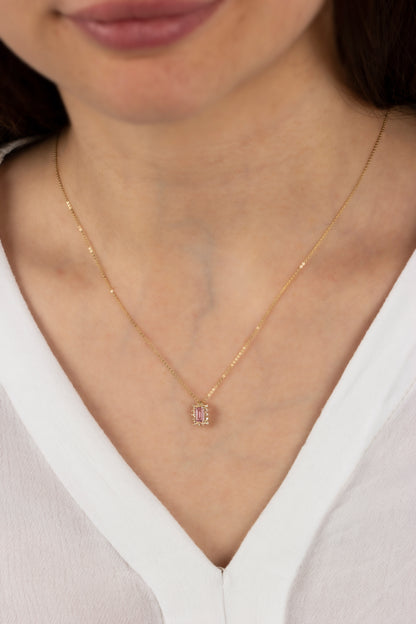 Rectangle Pink Tourmaline Necklace with Real Diamond 14K Solid Gold, October Birthstone