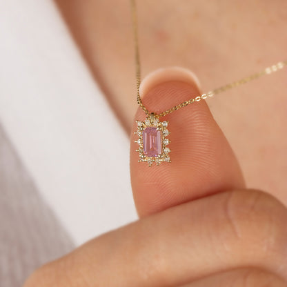 Rectangle Pink Tourmaline Necklace with Real Diamond 14K Solid Gold, October Birthstone