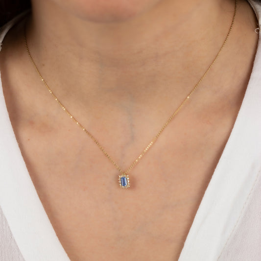 Rectangle Blue Topaz Necklace with Real Diamond 14K Solid Gold, December Birthstone